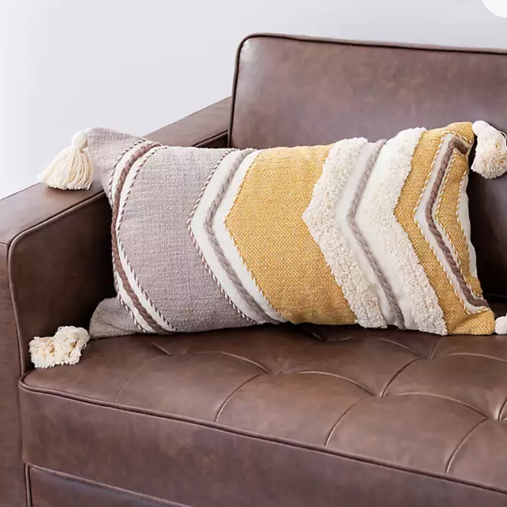 BRAND NEW Mustard Chevron Lumbar Pillow with Tassels
